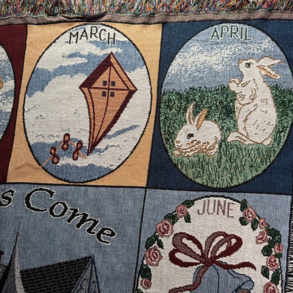 VTG Seasons Come Seasons Go Woven Tapestry Throw Blanket Monthly Farmhouse 52x68